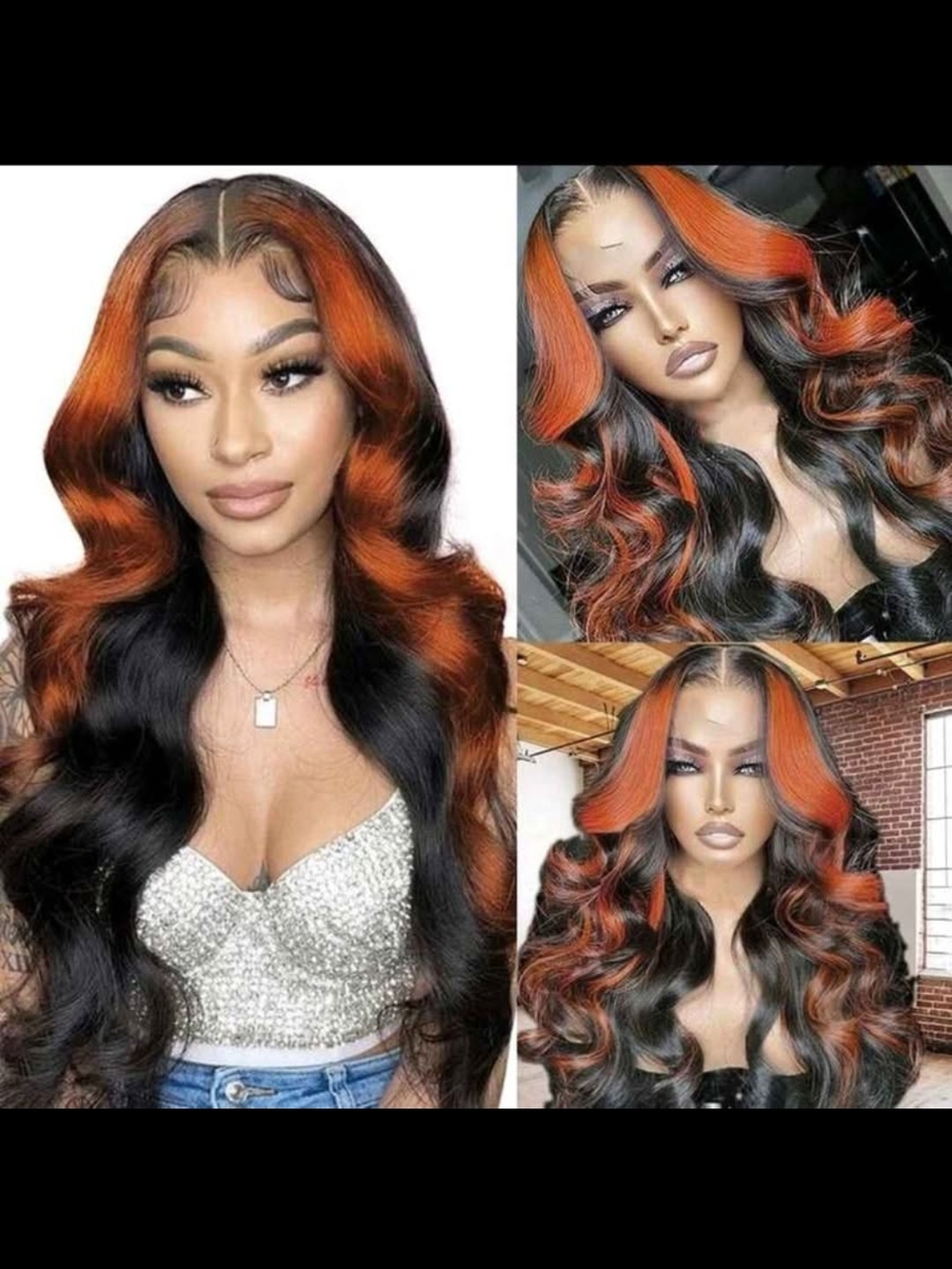 Vivid Two-Tone Orange and Black Bodywave Wig - Women's Hair